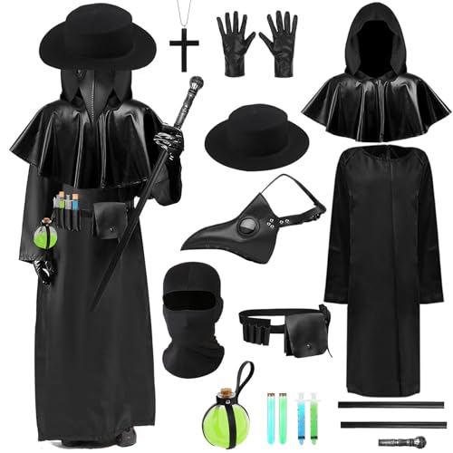 Pest Doktor Halloween Kostüm Set für Erwachsene-14 Stück, Steampunk Mittelalter Leder Halloween Kostüm mit Zubehör Set, Requisiten für Halloween Karneval Cosplay Party Dress Up Kostüm (Schwarz) (L) von Boyigog