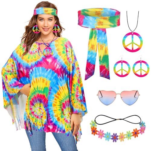 60s 70s Hippie Kostüm Damen Set-6Pcs mit Hippie Poncho Damen Accessoires Stirnband Sonnenbrille Ohrring Halskette Floral Hoop, Hippie Frauen Boho Mode Disco Kostüm für Karneval Disco Thema Party von Boyigog