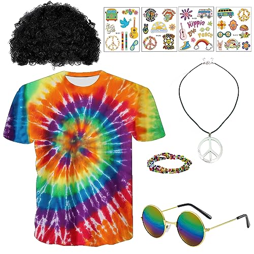 70er Jahre Hippie Kostüm Set,60er 70er Jahre Buntes T-Shirt,Hippie Kleidung mit Brille Armbänder Halsketten Tattoo Aufkleber Schwarze Perücken Regenbogen Haarbänder für Karneval Fasching Motto Party von Boyigog