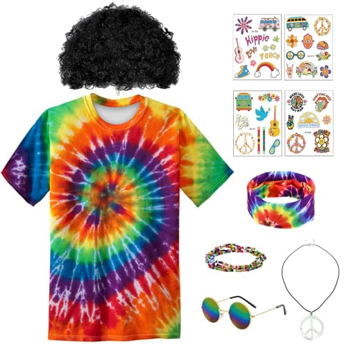 70er Jahre Hippie Kostüm Set,60er 70er Jahre Buntes T-Shirt,Hippie Kleidung mit Brille Armbänder Halsketten Tattoo Aufkleber Schwarze Perücken Regenbogen Haarbänder für Karneval Fasching Motto Party von Boyigog