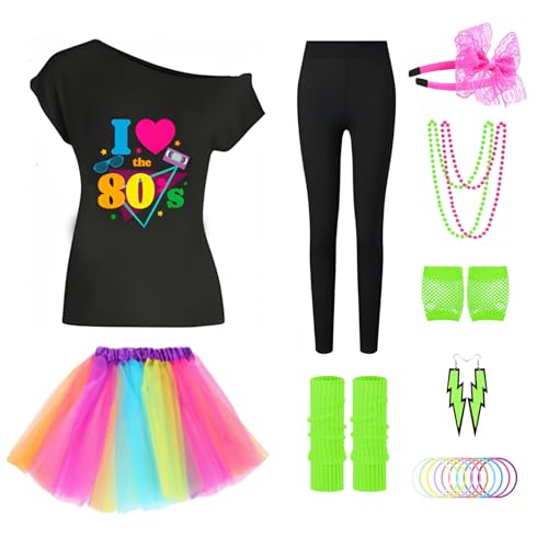 Boyigog 80er Jahre Outfit Damen Set-19Stück mit Schrägstrich Kragen T-Shirt, Tutu, Enge Hose, Halskette, Netzhandschuhe, 80er Jahre Neon Party Outfit Zubehör, Karneval Themen Party Kostüme (Neon, XL) von Boyigog