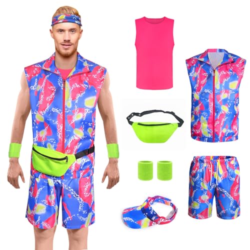 80er Jahre Workout Kostüm Set-6 Stück mit Neon Armband Sonnenhut Taille Pack, Halloween Karneval Themen Party 80er 90er Jahre Fancy Workout Cosplay Kostüm für Erwachsene Herren Damen-Blau(XXL) von Boyigog