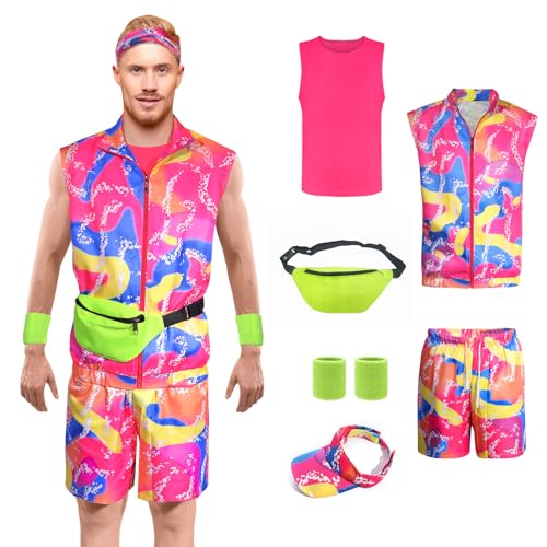 80er Jahre Workout Kostüm Set-6 Stück mit Neon Armband Sonnenhut Taille Pack, Halloween Karneval Themen Party 80er 90er Jahre Fancy Workout Cosplay Kostüm für Erwachsene Herren Damen--Rosa Stil (M) von Boyigog