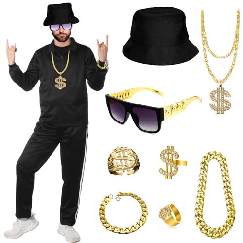 90er Jahre Outfit Herren Rapper Kleidung-10Stück mit Kostümzubehör, Fischerhut, Ringe, Halskette, Armband, Flache Brille, Hip Hop Herren Kostüm, Fasching Karneval Disco Party Kostüm für Erwachsene(S) von Boyigog