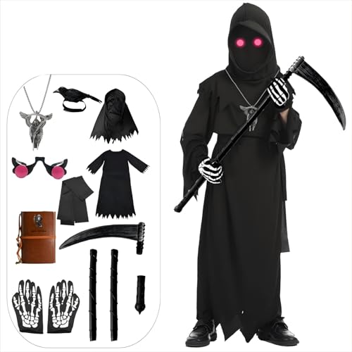 Kinder Sensenmann Kostüm-9 Stück mit leuchtenden Brille Knochenhandschuhe Kette Notizbücher Sense für Halloween, Halloween Horror Reaper Robe Set mit Kapuze, Halloween Gruselig Cosplay Kostüm(130) von Boyigog