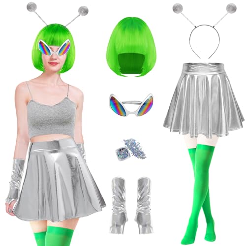 Alien Kostüm Damen Set-7Stück mit Perücken Rock Strümpfe, Silberne Handschuhe Alien Brille, Haarband, Pailletten, Alien Space Kostüm Damen für Karneval Maskeraden Cosplay Kostüm (Silber Grün, M) von Boyigog