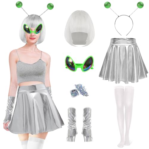 Alien Kostüm Damen Set-7Stück mit Perücken Rock Strümpfe, Silberne Handschuhe Alien Brille, Haarband, Pailletten, Alien Space Kostüm Damen für Karneval Maskeraden Cosplay Kostüm (Silberweiß, M) von Boyigog