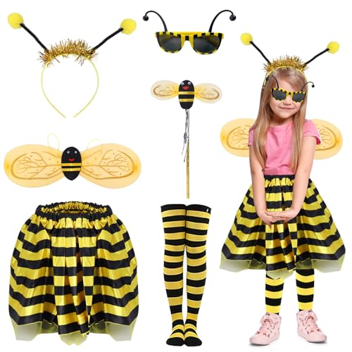 Bienenkostüm, Zubehör für Kinder, mit Bienenstirnband, Flügeln, Rock, Ohrringe, Overknee, Brille, Hummel, Mädchen, Karnevalskostüm von Boyigog