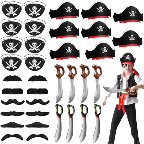 Boyigog 36 Stück Piratenhut Set, Piraten Augenmaske, Falscher Schnurrbart, aufblasbares Schwert, Kinder Piraten Karneval Halloween Party Thema Cosplay Kostüm Zubehör von Boyigog