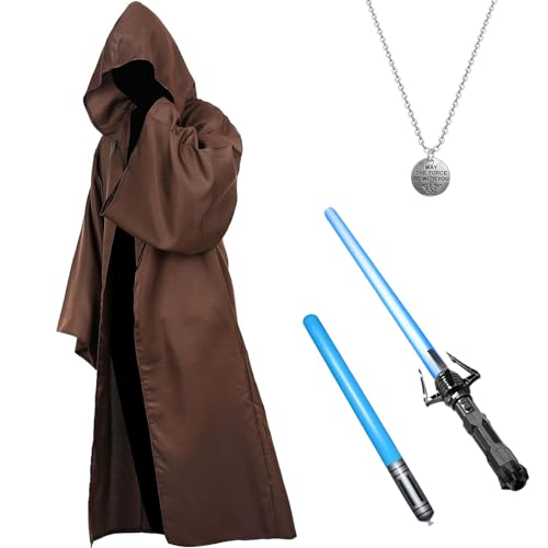 Boyigog Hoodies Robe Cosplay Cape Kostüm für Herren-4Pcs mit Blau Lightsaber, Halskette, Kapuzenmantel Outfit Umhang Mittelalterlich für Erwachsene Halloween Karneval Cosplay Set(Braun-L) von Boyigog