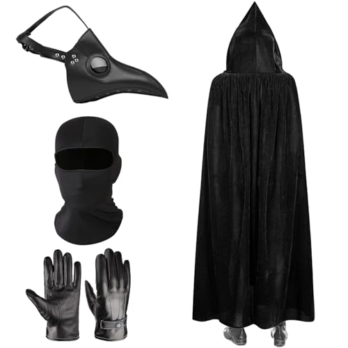 Boyigog 4 Stück Pestdoktor Kostüm Set für Erwachsene, Halloween Karneval Mittelalter Retro Steampunk Cosplay Kostüme mit Plague Doctor Bird Maske, Handschuhe, Robe, Schwarze Kapuze von Boyigog