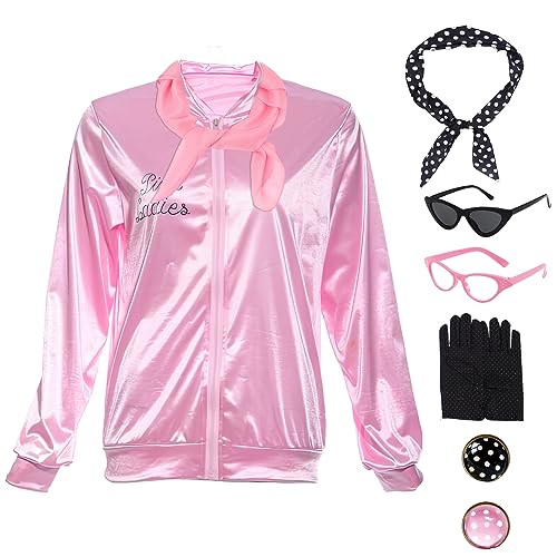 Boyigog 50er Jahre Rosa Vintage Top Kostüm Set mit Sonnenbrille, Schwarz und Weiß Polka Dot Kopfbedeckung und Ohrringe für Party Karneval Fasching Kostüm (L) von Boyigog