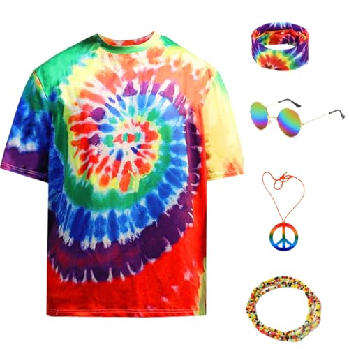 Boyigog 60er 70er Jahre Hippie Kostüm Set-5Stück mit Buntem T-Shirt Sonnenbrille Stirnband Friedenskette Braclect, Hippie Erwachsene Fancy Dress Kostüm für Karneval Hippie Disco Theme Party (L) von Boyigog