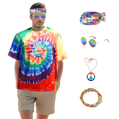 Boyigog 60er 70er Jahre Hippie Kostüm Set-5Stück mit Buntem T-Shirt Sonnenbrille Stirnband Friedenskette Braclect, Hippie Erwachsene Fancy Dress Kostüm für Karneval Hippie Disco Theme Party (L) von Boyigog