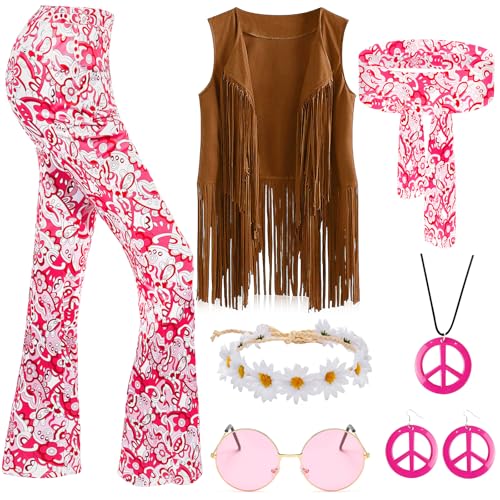 Boyigog 60er 70er Jahre Hippie-Kostüm für Erwachsene, Damen, 7-teilig, mit Fransenweste, Hose mit Fower-Muster, Stirnband, Girlanden, Halloween, Karneval, Disco, Mottoparty, 1970er-Hippie-Kostüm (XL) von Boyigog