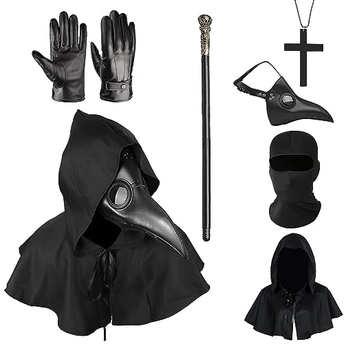 Boyigog 6Pcs Plague Doctor Kostüm Set Zubehör mit Plague Doctors Maske, Handschuhe, Kreuz, Krücken, Schwarze Kopfbedeckung und Umhang Kapuze, Halloween Kostüme Kit Zubehör für Erwachsene von Boyigog