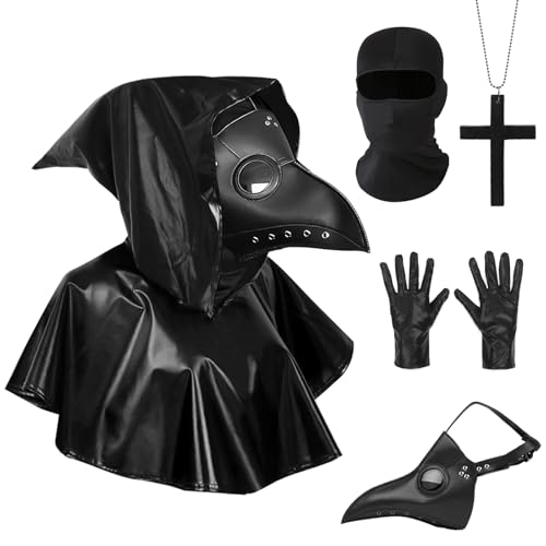 Boyigog 5 Stück Plague Doctor Kostüm Set für Erwachsene Halloween Karneval Kostüme Kit Zubehör mit Plague Doctors Maske, Handschuhe, Halskette, Schwarze Leder Kapuzenjacke, Kapuze von Boyigog