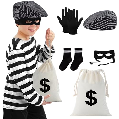 Boyigog 6Pcs Schwarz-weiß gestreiftes Gefangenenkostüm Set für Kinder, Dieb Bandit Kostüm mit Baskenmütze, schwarzer Maske, Handschuhen, Socke und Beutel, Halloween(120) von Boyigog