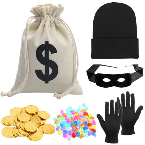 Boyigog Räuber Kostüm Zubehör Set für Kinder Erwachsene, Dieb Bandit Kostüm, Räuber Cosplay Kostüm Zubehör mit Hut, Handschlaufe Tasche, Augenmaske, Handschuhe, für Halloween Karneval Cosplay Kostüm von Boyigog