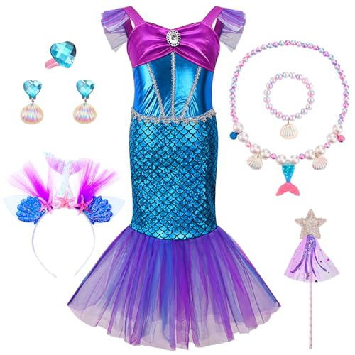 Meerjungfrau Mädchen Prinzessin Kleid, Meerjungfrau Kostüm Kleid Set enthält Haarband, Perle Muschel Halskette Armband Ohrringe, Ring, Stern Zauberstab, Geburtstag Party Kinder Prinzessin Kostüm(110) von Boyigog