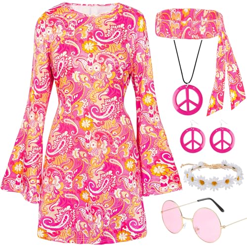 Boyigog 70er Hippie Kleidung Damen-6 Stück mit Kleid mit Blumenmuster Stirnband Girlanden Brille Ohrringe Halskette, 70er Karneval Kostüm Damen, Halloween Karneval Disco Motto Party Kostüm (L) von Boyigog