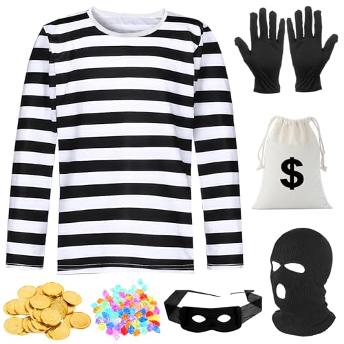 Boyigog 7Pcs Schwarz-Weiß Gestreiftes Einbrecher Kostüm Set für Männer Erwachsene, mit Tasche, Handschuhe, Räuber Kostüm, Halloween, Welttag des Buches Cosplay Kostüm(L) von Boyigog