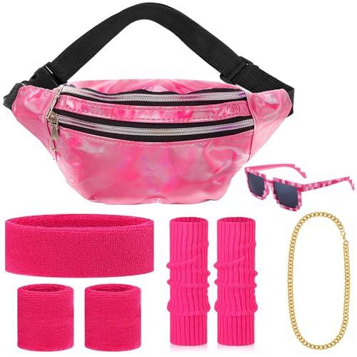 80er Jahre Sport Zubehör Set mit Frauen Herren Wasserdichte Tasche, Sonnenbrille, Halskette, Neon Beinwärmer, Stirnband, Armband, 80s 90s Sportbekleidung Zubehör Karneval Fasching Party Kostüm(Rosa) von Boyigog