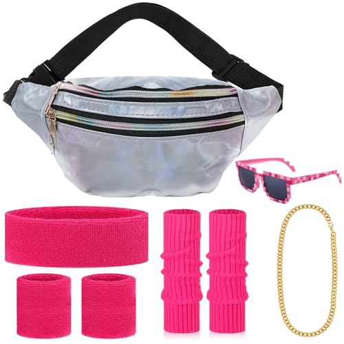 80er Jahre Sport Zubehör Set mit Frauen Herren Wasserdichte Tasche, Sonnenbrille, Halskette, Neon Beinwärmer, Stirnband, Armband, 80s 90s Sportbekleidung Zubehör Karneval Party Kostüm(Rosa-Silber) von Boyigog