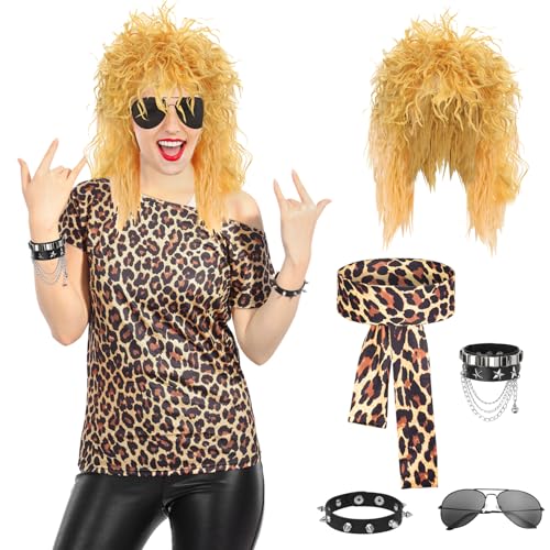 80er Jahre Outfit Damen Popstar, 80er 90er Pop Damen Kleid-6 Stück mit Perücke, T-Shirt, Sonnenbrille, Armband, Stirnband, 80er Jahre Verkleidungskostüme Damen Für Karneval Maskerade Neon Party von Boyigog