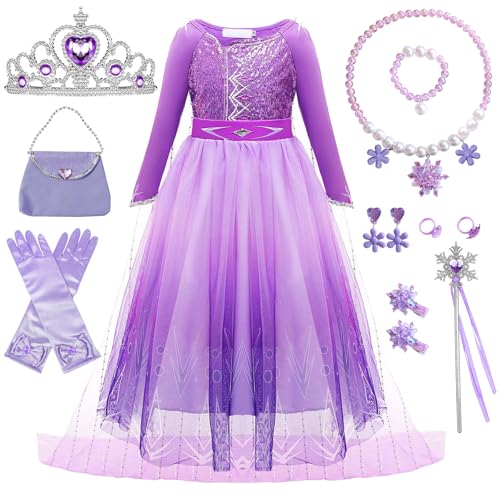 Lila Prinzessin Kleid Mädchen 9Pcs Kostüm Set mit Krone, Tiara, Handschuhe, Zauberstab, Handtasche, Armband Halskette Ring, für Weihnachten Fancy Dress Karneval, Mardi Gras Role Play Kostüm(110) von Boyigog