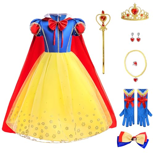 Boyigog 9Pcs Prinzessin Schneewittchen Kostüm Kleid Set für Mädchen, Halloween Karneval Kostüm Geburtstag Party Prinzessinenkleid Fancy Dress Up Verkleidung Outfit für Kinder(120) von Boyigog