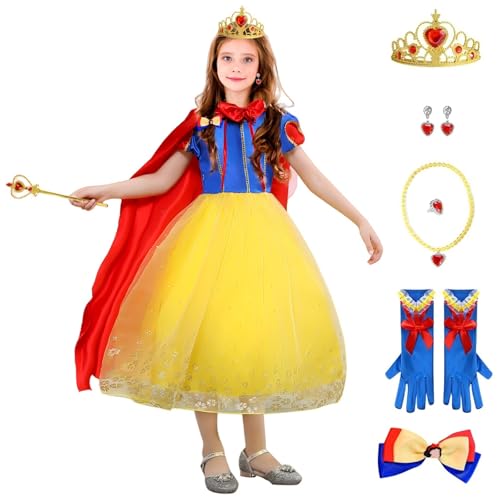 Boyigog 9Pcs Prinzessin Schneewittchen Kostüm Kleid Set für Mädchen, Halloween Karneval Kostüm Geburtstag Party Prinzessinenkleid Fancy Dress Up Verkleidung Outfit für Kinder(140) von Boyigog