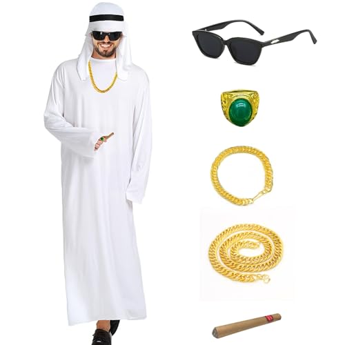 Boyigog Araber Kostüm für Erwachsene Herren-8 Stücks Set mit Araber Weißes Gewand Kopftuch Kopf Gürtel Ring Halsketten Armband Sonnenbrille, Scheich Araber Karneval Cosplay Party Kostüm (M) von Boyigog