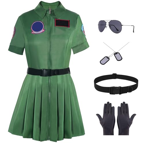 Boyigog Armeegrün Pilot Dress Set für Erwachsene Damen mit Halskette Gürtel Brille Handschuhe, Fancy Dress Set, Halloween Karneval Cosplay Kostüm (L) von Boyigog