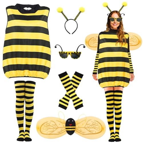 Bienen Kostüm Kit für Damen (Erwachsene) mit Stirnband, Handschuhen, Fußsocken, Brille, Flügeln, Bienen Kostüm für Damen Bienen Kostüm für Fasching, Tägliche Aufführungen, Festtagsgeschenke L von Boyigog