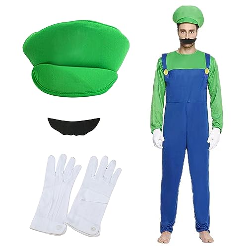 Super Klempner Cosplay Kostüme Set-4Pcs Cartoon Bruder Kostüm Zubehör mit Bodysuit Hüte Mütze Schnurrbärte Weiße Handschuhe, Halloween Karneval Erwachsene Cosplay Fancy Dress Kostüm (Green, L) von Boyigog