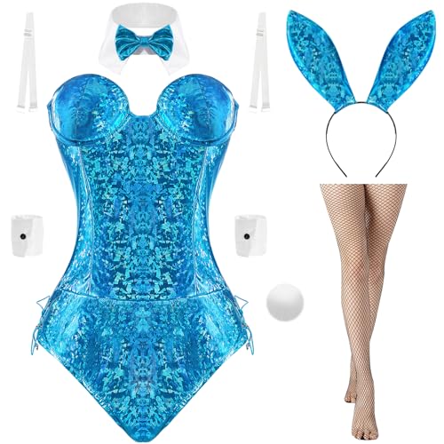 Boyigog Bunny Overall Kostüm Damen Set-7Stück mit Stirnband Socken Fliege Manschetten, Rollenspiel Kaninchen Dame für Halloween Weihnachten Karneval Cosplay Party Fancy Dress Kostüm(Blue, M) von Boyigog