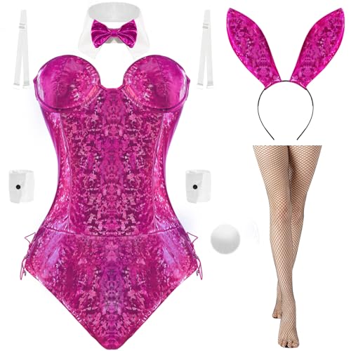 Boyigog Bunny Overall Kostüm Damen Set-7Stück mit Stirnband Socken Fliege Manschetten, Rollenspiel Kaninchen Dame für Halloween Weihnachten Karneval Cosplay Party Fancy Dress Kostüm(Purple, L) von Boyigog