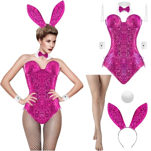 Boyigog Bunny Overall Kostüm Damen Set-7Stück mit Stirnband Socken Fliege Manschetten, Rollenspiel Kaninchen Dame für Halloween Weihnachten Karneval Cosplay Party Fancy Dress Kostüm (Purple, XL) von Boyigog