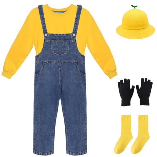 Boyigog Cartoon Cosplay Kostüm Set für Kinder-5Pcs mit Gelber Sweatshirt Hose Socken Mütze Handschuhe, Halloween Karneval Geburtstag Thema Cosplay Party Täglich Kostüm für Kinder(120) von Boyigog