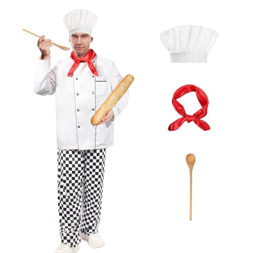 Boyigog Chefkoch Kostüm Set-5 Stück mit Chefkoch Kostüm, Schwarz-Weiß Karierte Hose Hut Schal Löffel, Karneval Fasching Thema Cosplay Party Erwachsene Koch Kostüm Set (L) von Boyigog