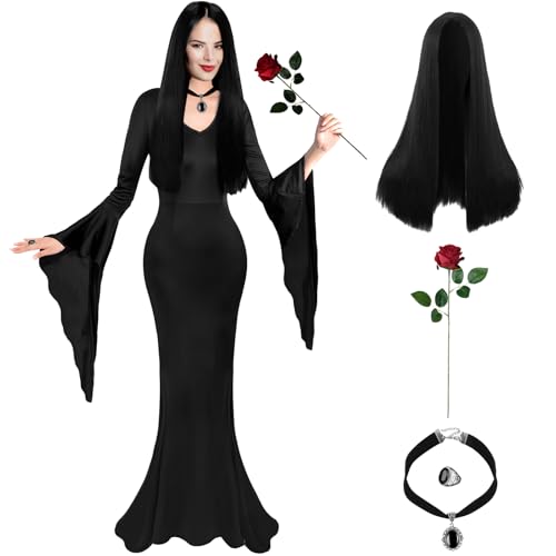 Boyigog Halloween Kostüm Gothic Kleid Damen Set-5 Stück Familiy Cosplay Verkleidung Fancy Dress Kostüm mit Halskette Ring Rosen Perücke für Halloween Karneval Maskerade Mottoparty Kostüm-Schwarz(L) von Boyigog