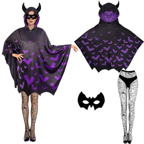 Boyigog Fledermaus Kostüm Damen Set-3 Stück Maske Netzstrümpfe, Schwarz-Lila Fledermaus Overall mit Kapuze, Karneval Halloween Damen Party Fancy Dress Cosplay Kostüm von Boyigog