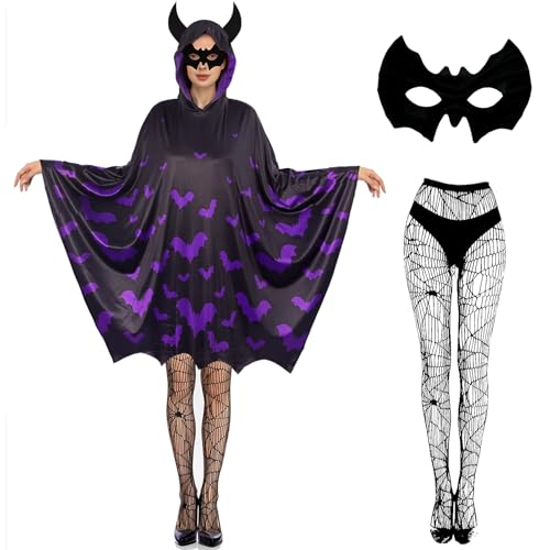 Boyigog Fledermaus Kostüm Damen Set-3 Stück Maske Netzstrümpfe, Schwarz-Lila Fledermaus Overall mit Kapuze, Karneval Halloween Damen Party Fancy Dress Cosplay Kostüm von Boyigog