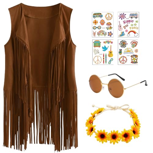 Boyigog Hippie Kleidung,60er 70er Jahre ärmellose Weste,Damen Fransen ärmelloses Hippie Kostüm mit Sonnenbrille, Tattoo Sticker, Stirnband Halskette Mädchen Disco Fancy Dress up Kostüm Outfit (M) von Boyigog