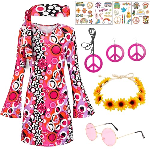 Boyigog Hippie Kleidung Damen Set mit 70er Jahre Kleid Hippie Accessoires,Disco Outfit mit Gänseblümchen Kopfschmuck Brille Halsketten Ohrringe Tattoo Aufkleber für Karneval Thema Party von Boyigog