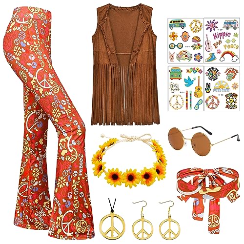 Boyigog Hippie Kleidung Set,60 70s Ärmellose Weste,Hippie Hose Damen Fransen Ärmellos Hippie Kostüm Mit Sonnenbrille,Stirnband,Tattoo Sticker,Halskette Mädchen Disco Fancy Dress Kostüm Outfit von Boyigog