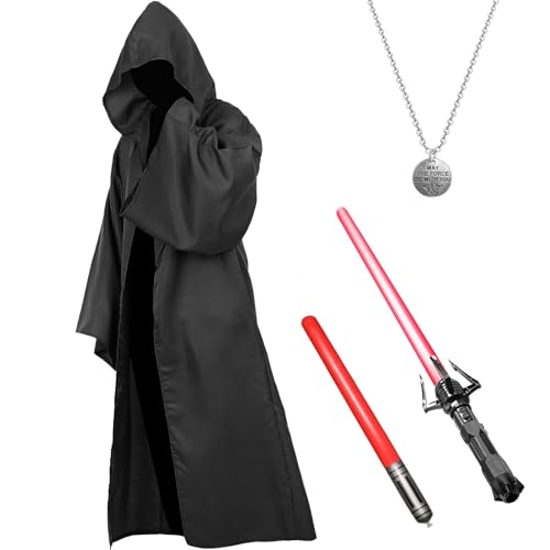 Boyigog Hoodies Robe Cosplay Cape Kostüm für Herren-4Pcs mit Blau Lightsaber, Halskette, Kapuzenmantel Outfit Umhang Mittelalterlich für Erwachsene Halloween Karneval Cosplay Set(Schwarz-L) von Boyigog