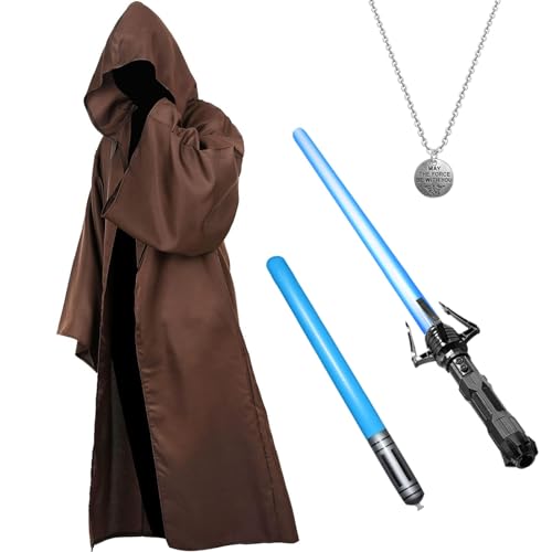 Boyigog Jedi Robe Kostüm Jedi Ritter Kapuzenumhang Set mit Halskette Lichtschwert für Männer Frauen Halloween Cosplay 4 Stück von Boyigog