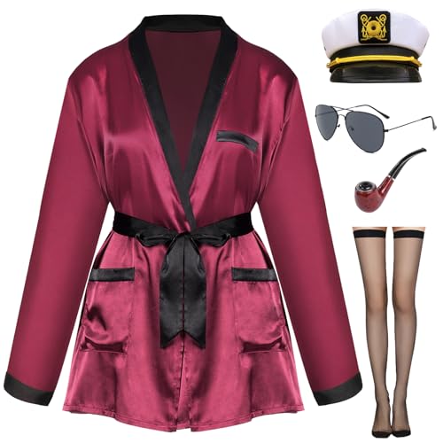 Boyigog Bademantel Rot für Damen set mit Weinrot Nachthemd, Kapitänsmütze, Schwarze Sonnenbrille, Overknee Strümpfe Pfeife, Weich Kuschelig, Karneval Carnival Verkleidung Kostüm (5Pcs) S von Boyigog